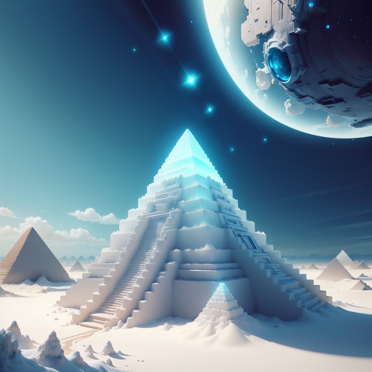 07792-384386355-, salttech , scifi, glowing, inner glow, pure ,crystalline, _ desert, pyramid _(structure_),blue sky,.png